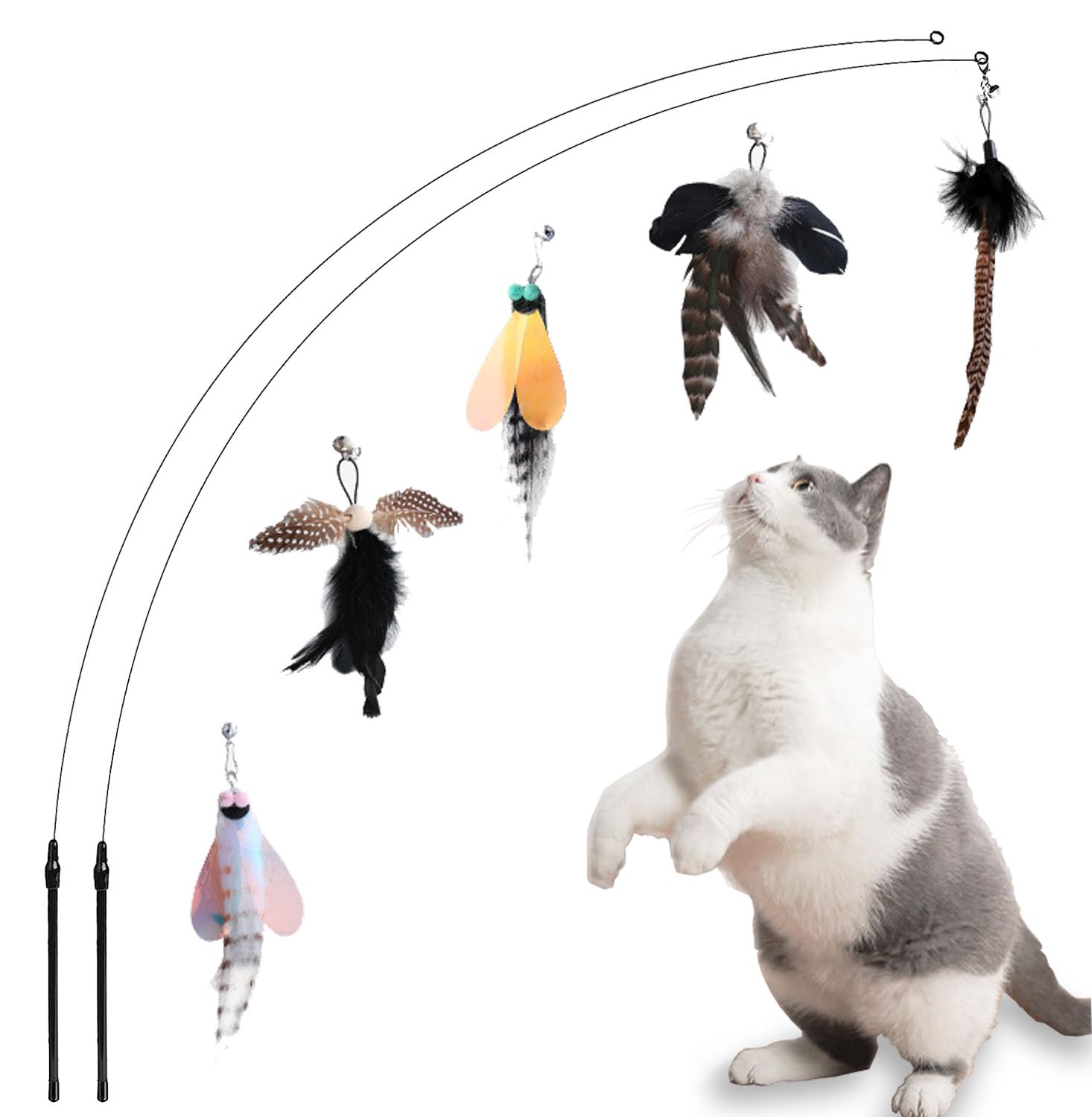 Yauende Cat Feather Toys, Indoor Cat Interactive Toys, 2 PCS Flexible Wire and 5 PCS Cat Feather Toys, for Bored Indoor Cats, In