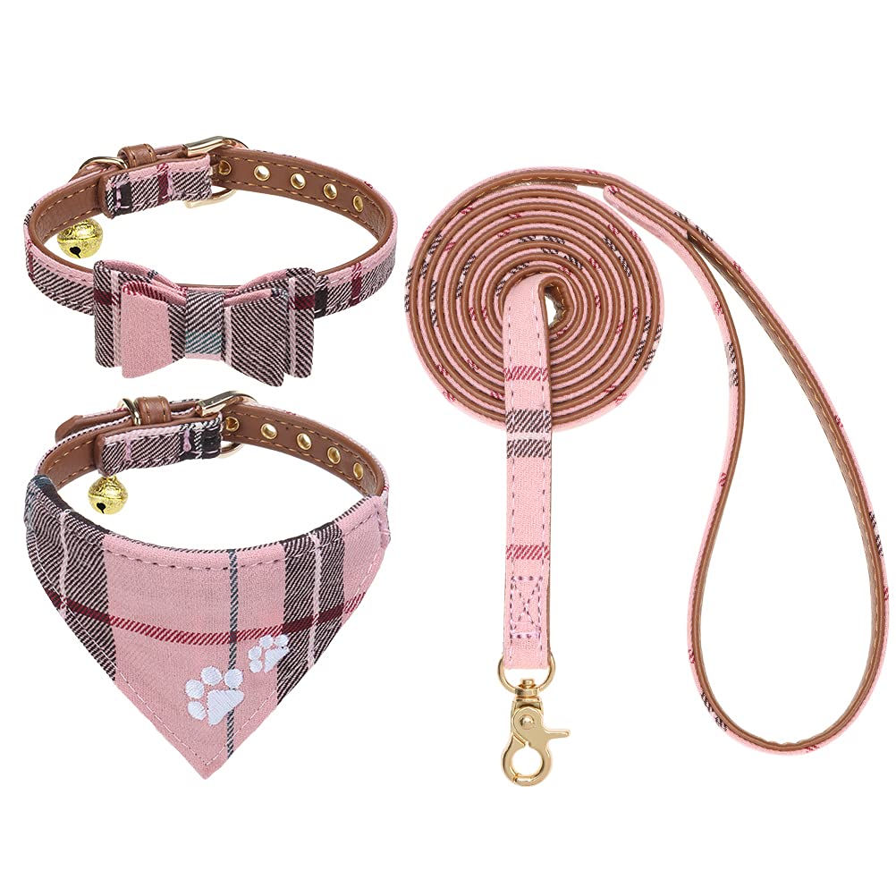 Expawlorer Puppy Collar And Leash Set - Plaid Dog Collar And Leash With Bow Tie And Bandana, Bell, Xs Pink