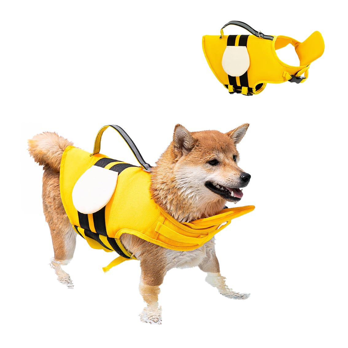 Dog Life Jacket With Cute Bee Design, Extra Chin Support, Reflective Accents And Strong Rescue Handle With Safety Leash Attachme