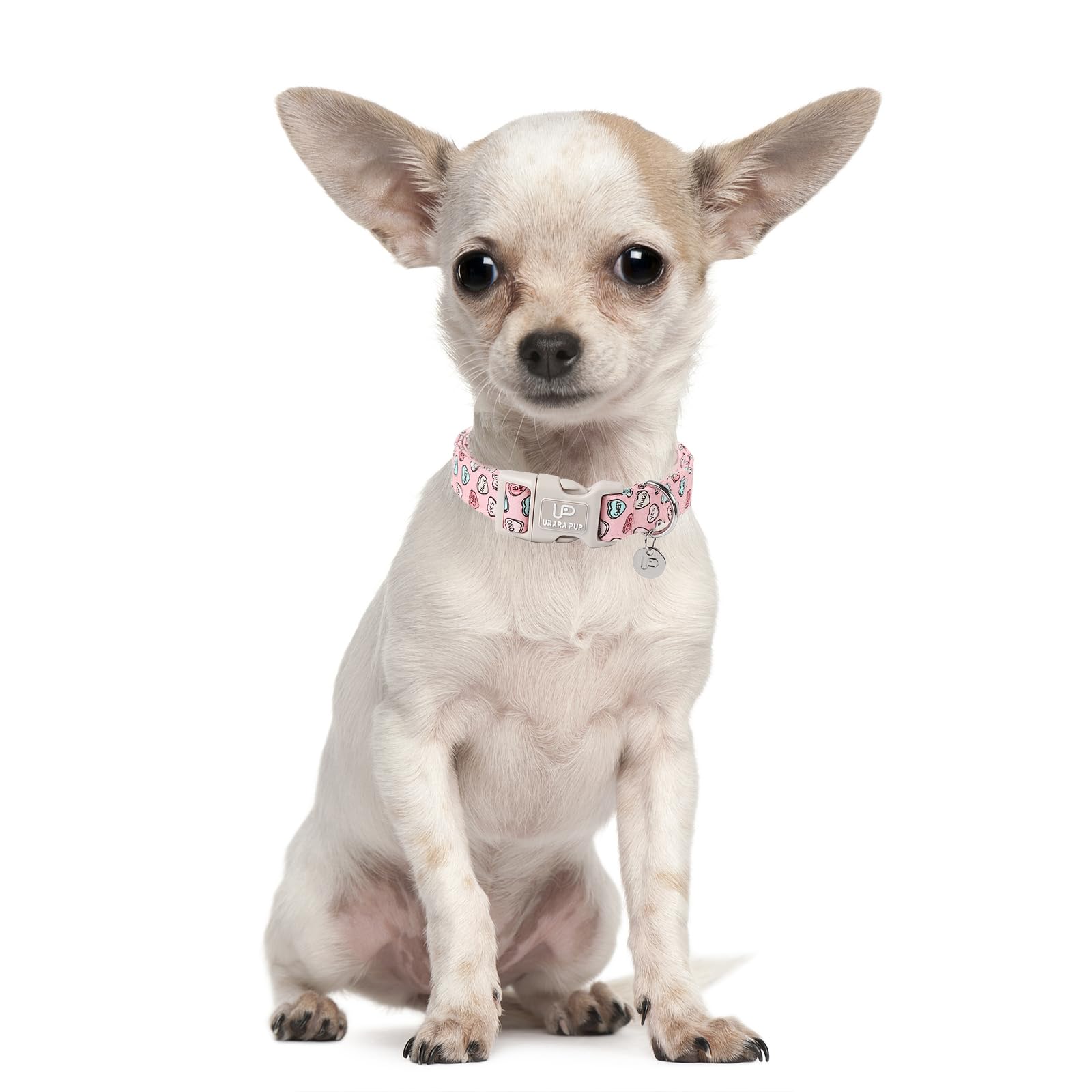 Up Urara Pup Pink Heart Dog Collar, Adjustable Size For Small Medium Dogs, Valentine'S Gift, Cotton Material, Buckle Closure
