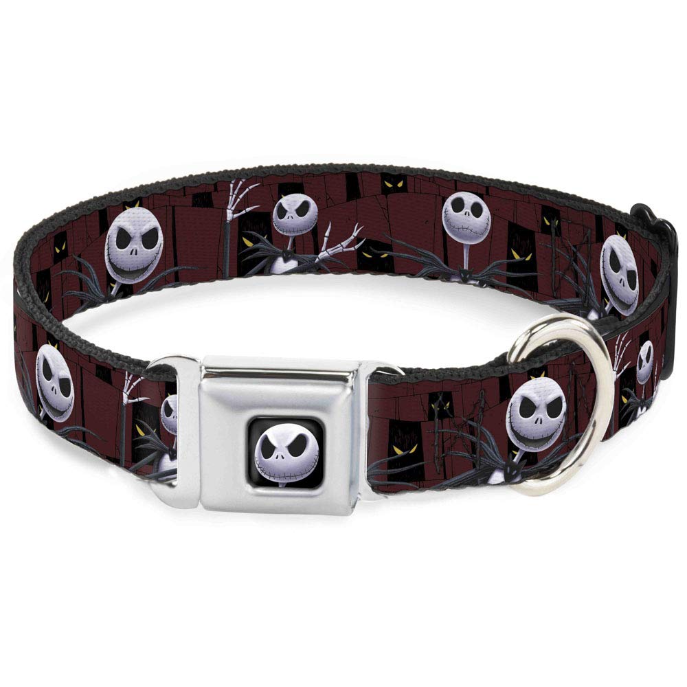 Buckle-Down Seatbelt Buckle Dog Collar - Nightmare Before Christmas 3-Jack Poses/Peeping Eyes Burgundy/Black/Yellow - 1.5' Wide