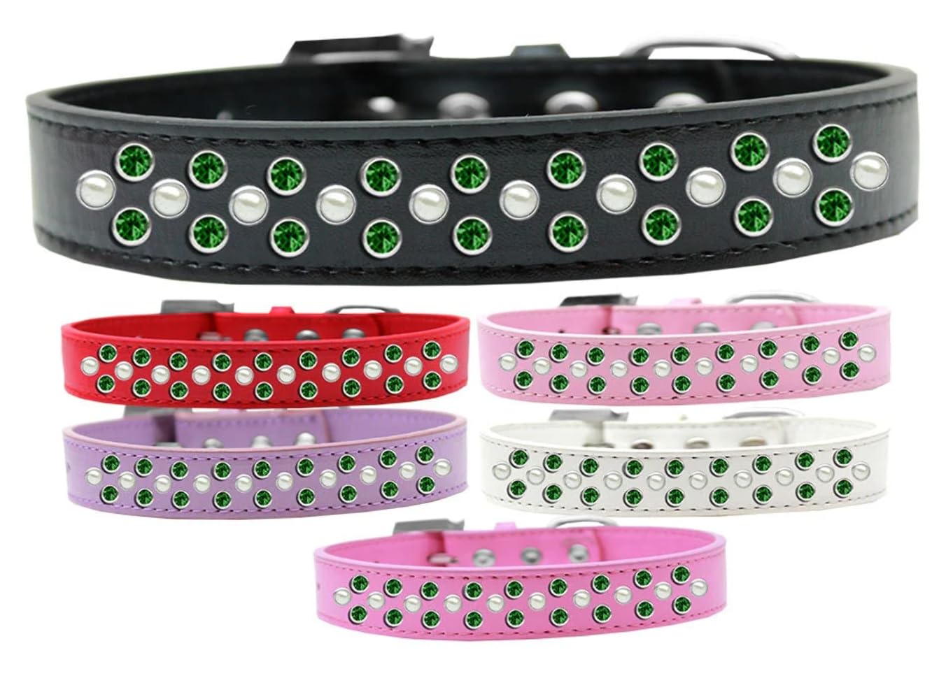 Dog, Puppy & Pet Fashion Collar, Pearl and Emerald Green Crystal Rimsets Sprinkles Black 12