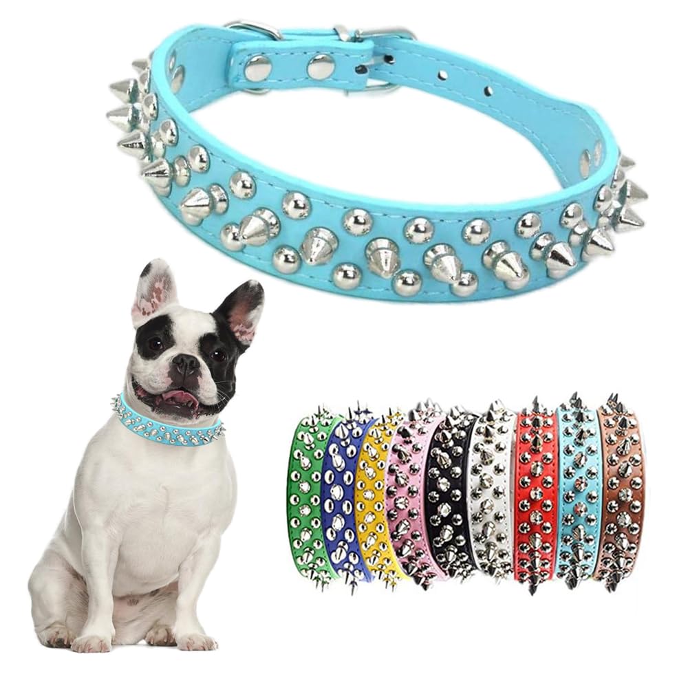 Light Blue Spiked Dog Collar For Large Dogs,Mushroom Rivet Spike Puppy Collars Girls Boys Leather Studded Cat Collar Metal Buckl