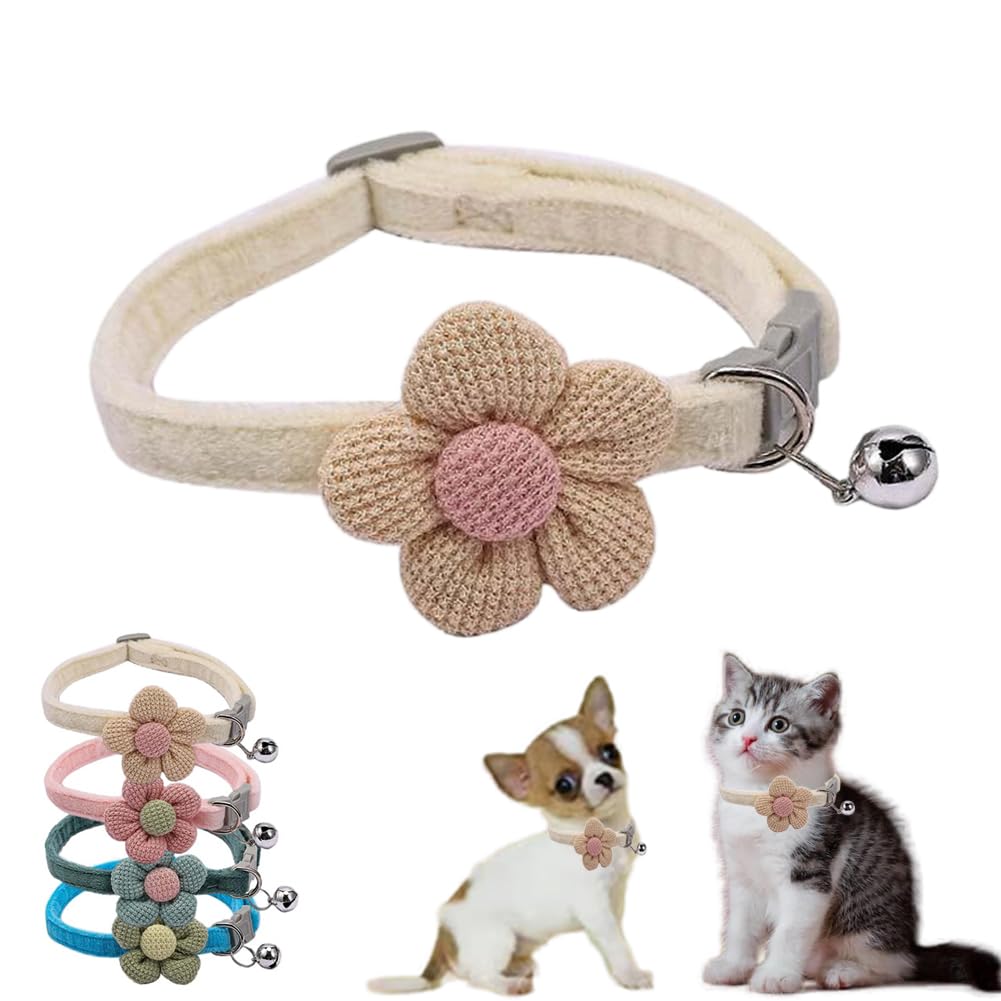 Xs Dog Collar With Bell,Beige Flower Cat Collar With Bells Suede Girl Cute Fancy Puppy Collar With Bells For Xxs Xs Tiny Little 