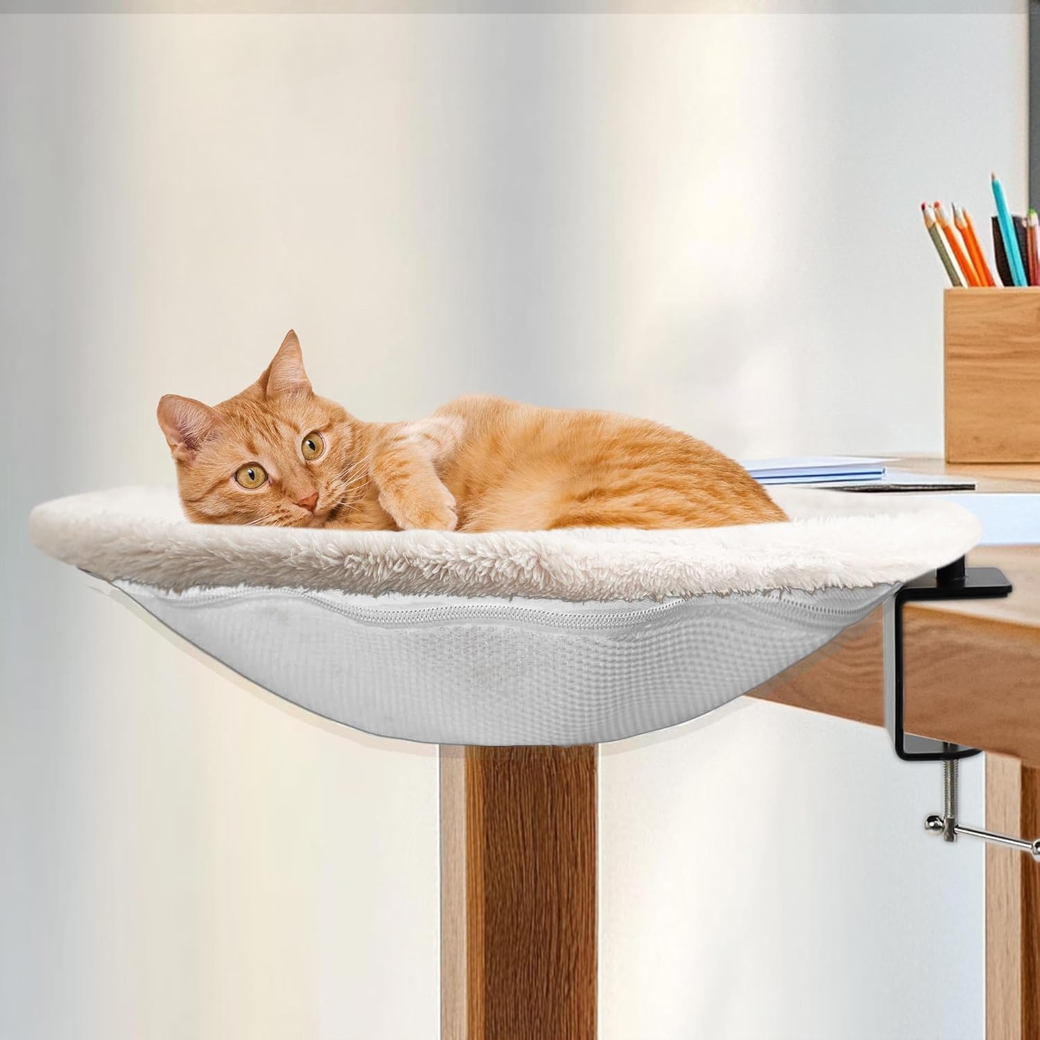 Cat Desk Bed, Durable Cat Desk Perch For Indoor Cats, Washable Table Nest Bed, Hammock Easy To Install (White)