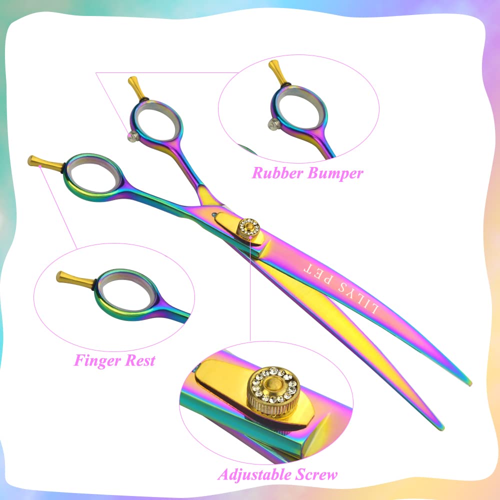 Lilys Pet High-End Series Japan 440C Stainless Steel Professional Pet Grooming Scissors Set,Rainbow Color,Cutting&Thinning&Two-Way Curved Shears Set (8.0')