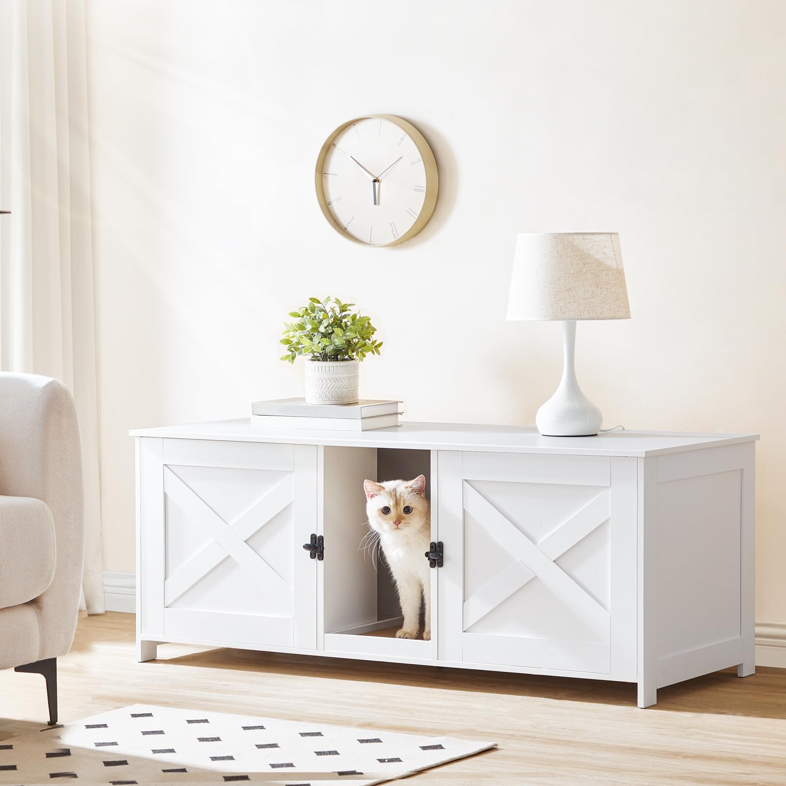 Mahancris Litter Box Enclosure For 2 Cats, 47.2'' Hidden Cat Furniture With Double Room, Wooden Washroom With Scratching Board,