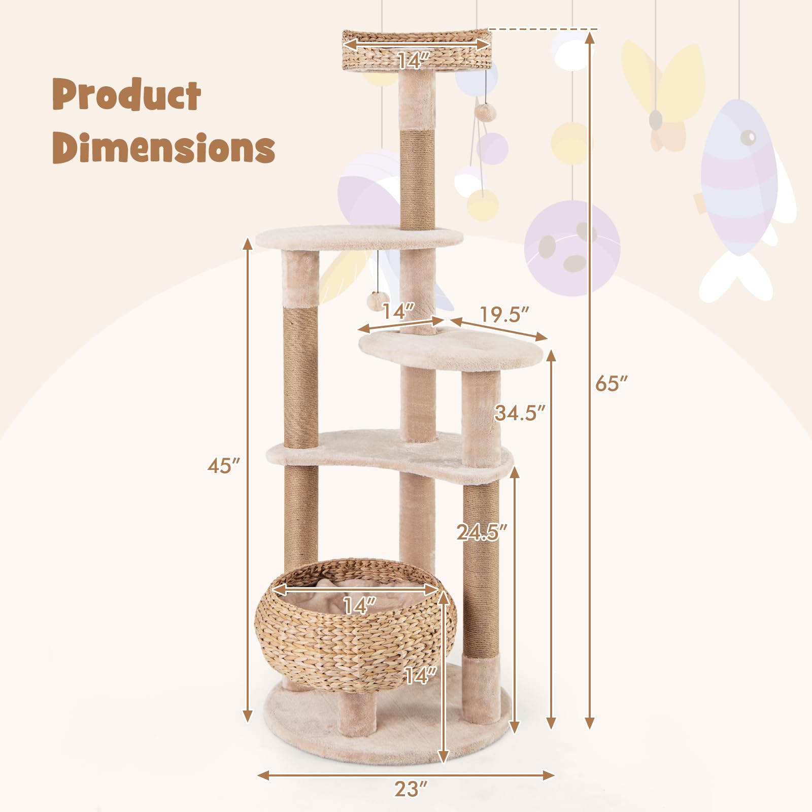 Petsite 65 Inch Cattail Cat Tree Tower, Multi-Level Cat Tower With Natural Jute Scratching Posts, Cat Bed, Top Perch, Dangling B