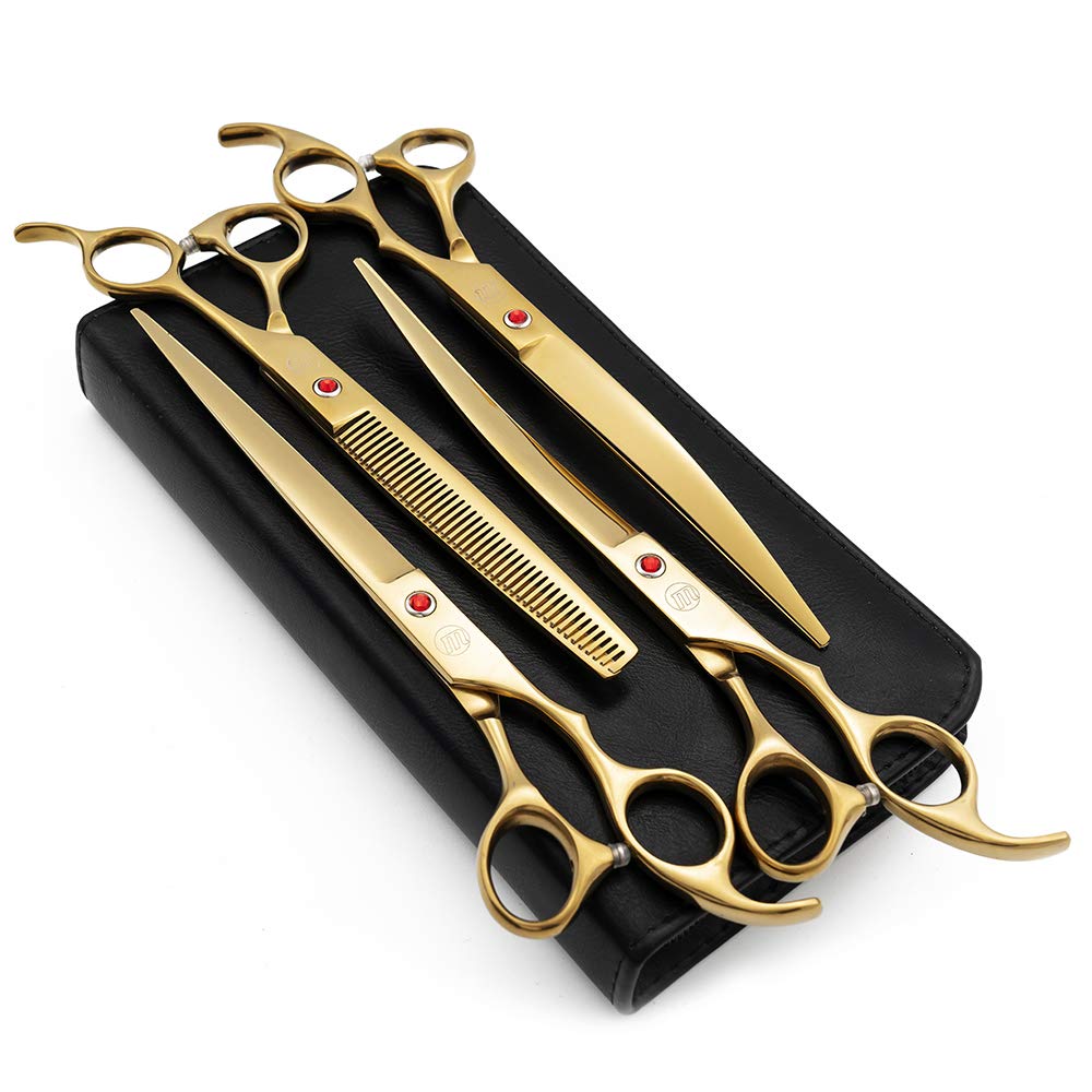 Moontay Professional 8.0' Dog Grooming Scissors Set, 4-Pieces Straight, Upward Curved, Downward Curved, Thinning/Blending Shears For Dog, Cat And Pets, Jp Stainless Steel, Gold