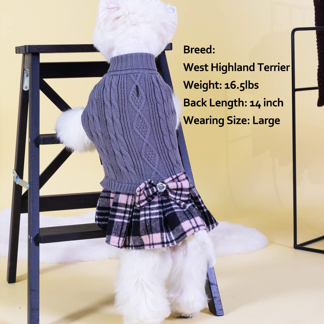 Kyeese Dogs Sweater Dress With Leash Hole For Small Dogs Plaid With Bowtie Turtleneck Dog Pullover Knitwear Puppy Cat Sweaters Grey