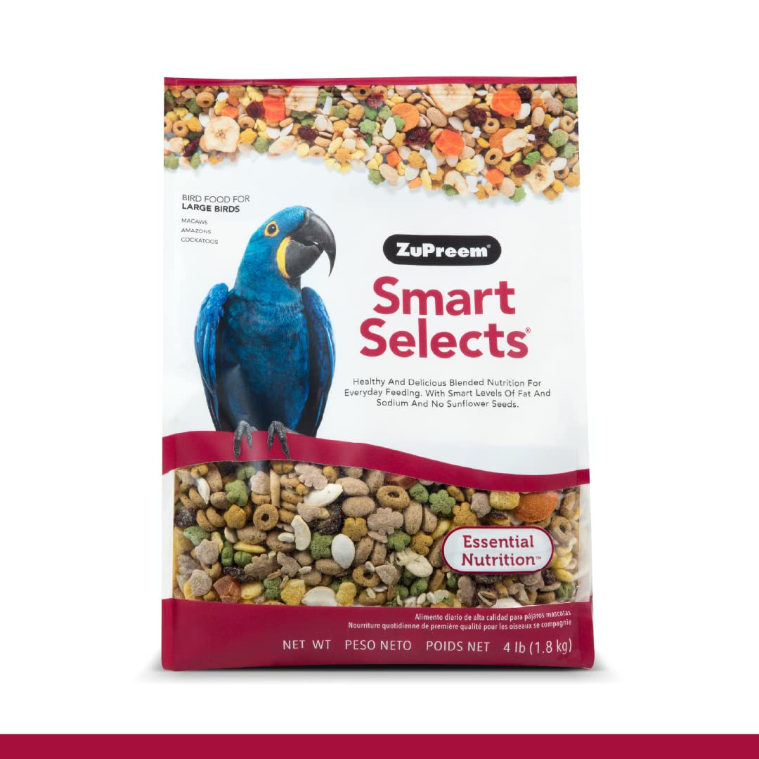 ZuPreem Smart Selects Daily Bird Food for Amazon, Cockatoo, Macaw, Bird Pellets and Seed Blend, Core Nutrition for Large Birds, 
