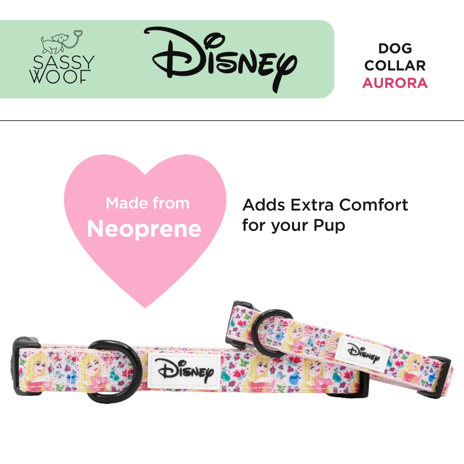 Sassy Woof Dog Collar Disney Princess Sleeping Beauty Aurora - M, Adjustable, Durable, Comfortable And Stylish Pet Accessories F