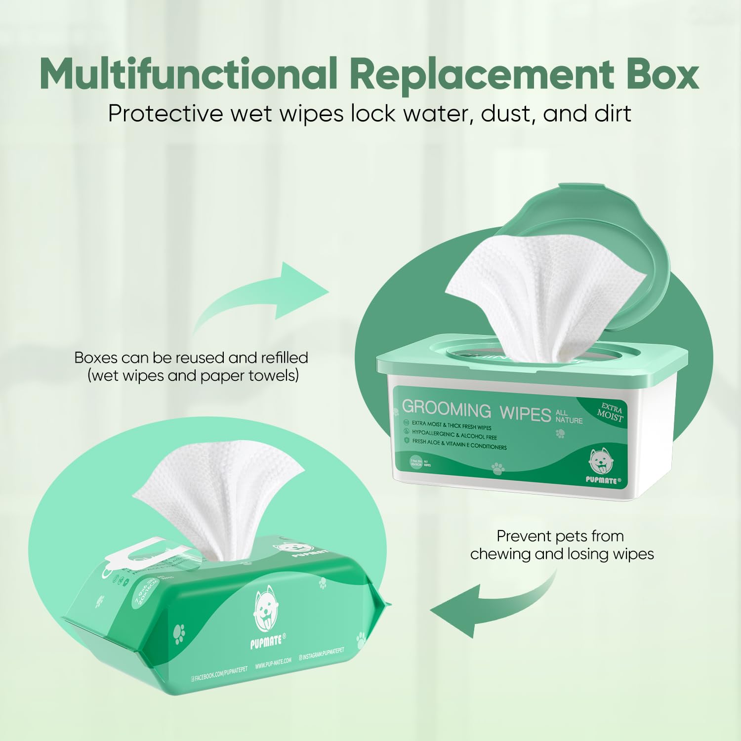 Pupmate Natural Pet Grooming Wipes, 100 Fresh Counts, Extra Moist & Thick For Dogs & Cats, Puppies & Kittens