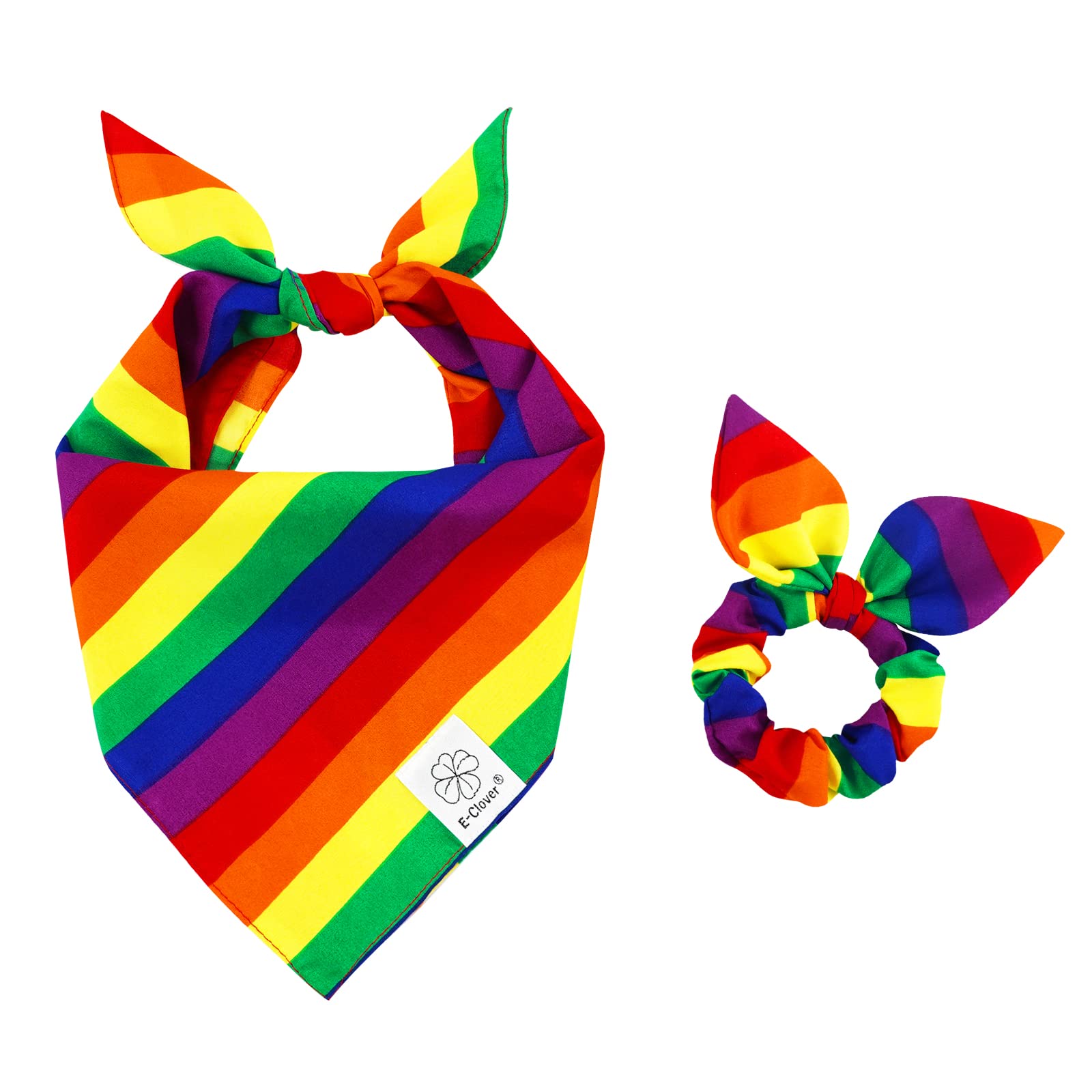 E-Clover Pride Dog Bandanas & Matching Scrunchie Set Rainbow Dog Bandana Scarf With Hair Tie For Medium Large Dogs Pet Owner Mom