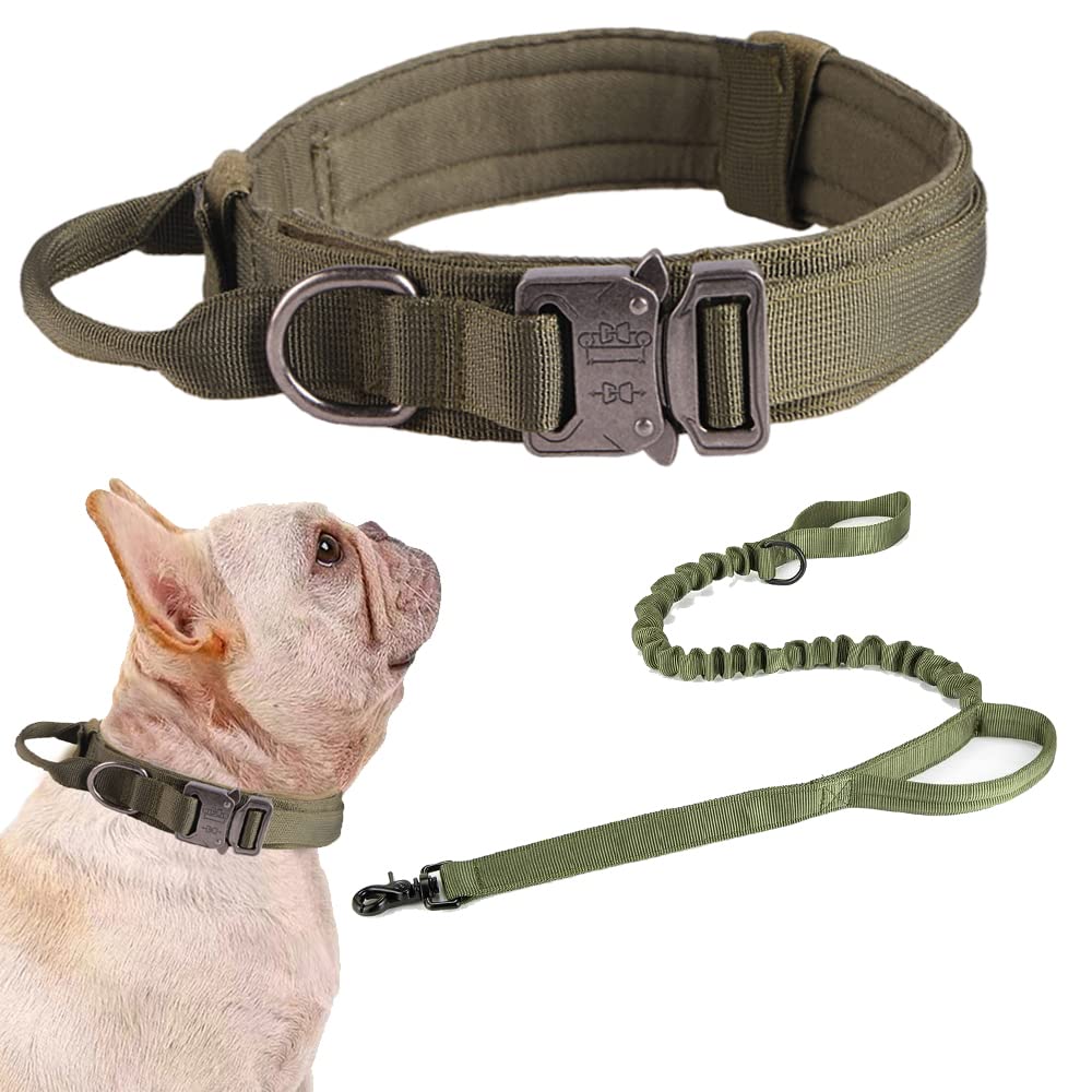 Tactical Dog Collar And Leash Set Tactical Dog Collar With Handle Bungee Leash Adjustable Military Training Nylon Collar Dog Training Collar Leash Set With Control Handleand Metal Buckle (Green S