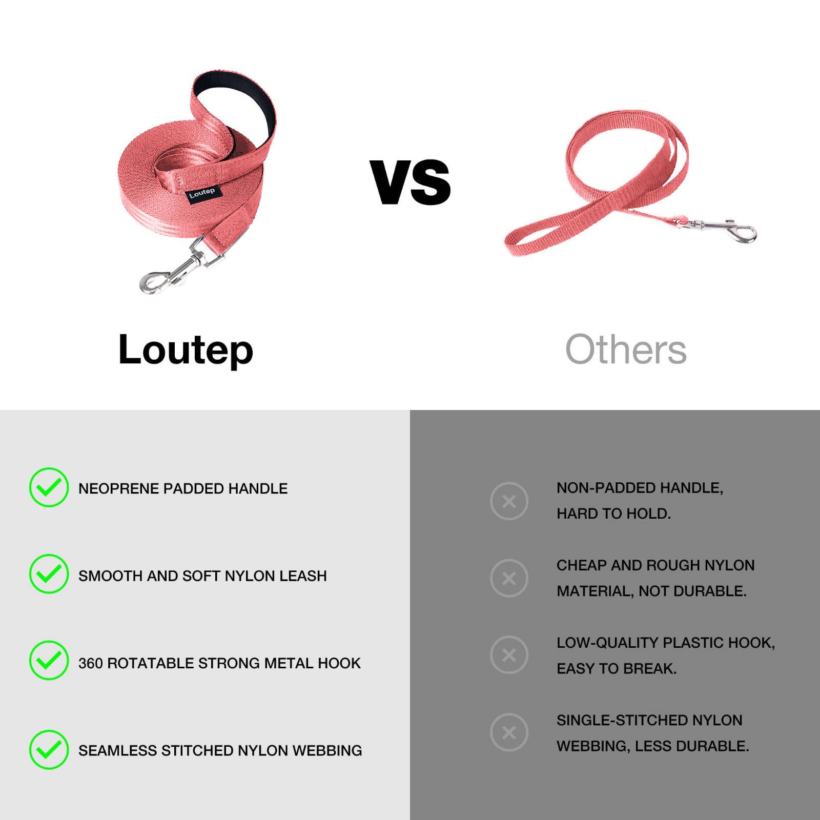 Loutep Dog Training Leash 15ft 20ft 30ft 50ft 100ft - Extra Long Dog Leash Heavy Duty with Padded Handle for Small Medium & Larg
