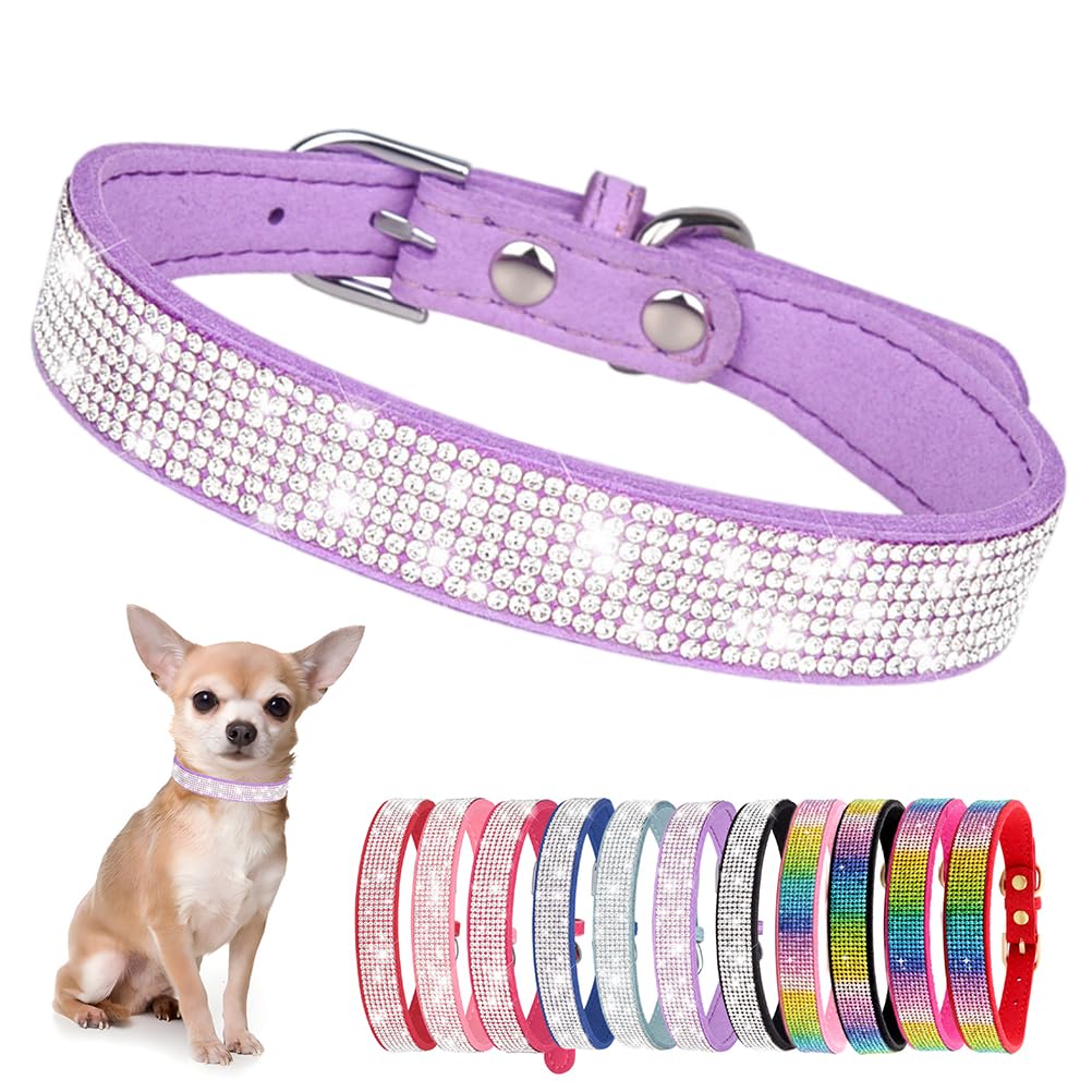 Cute Dog Collar With Bling Rhinestone, Fancy Crystal Diamond Glitter Pretty Jewel Soft Cat Collars For Small Medium Large Breed Dogs Girl Female Pet Puppy Kitten Terrier, Purple Xs