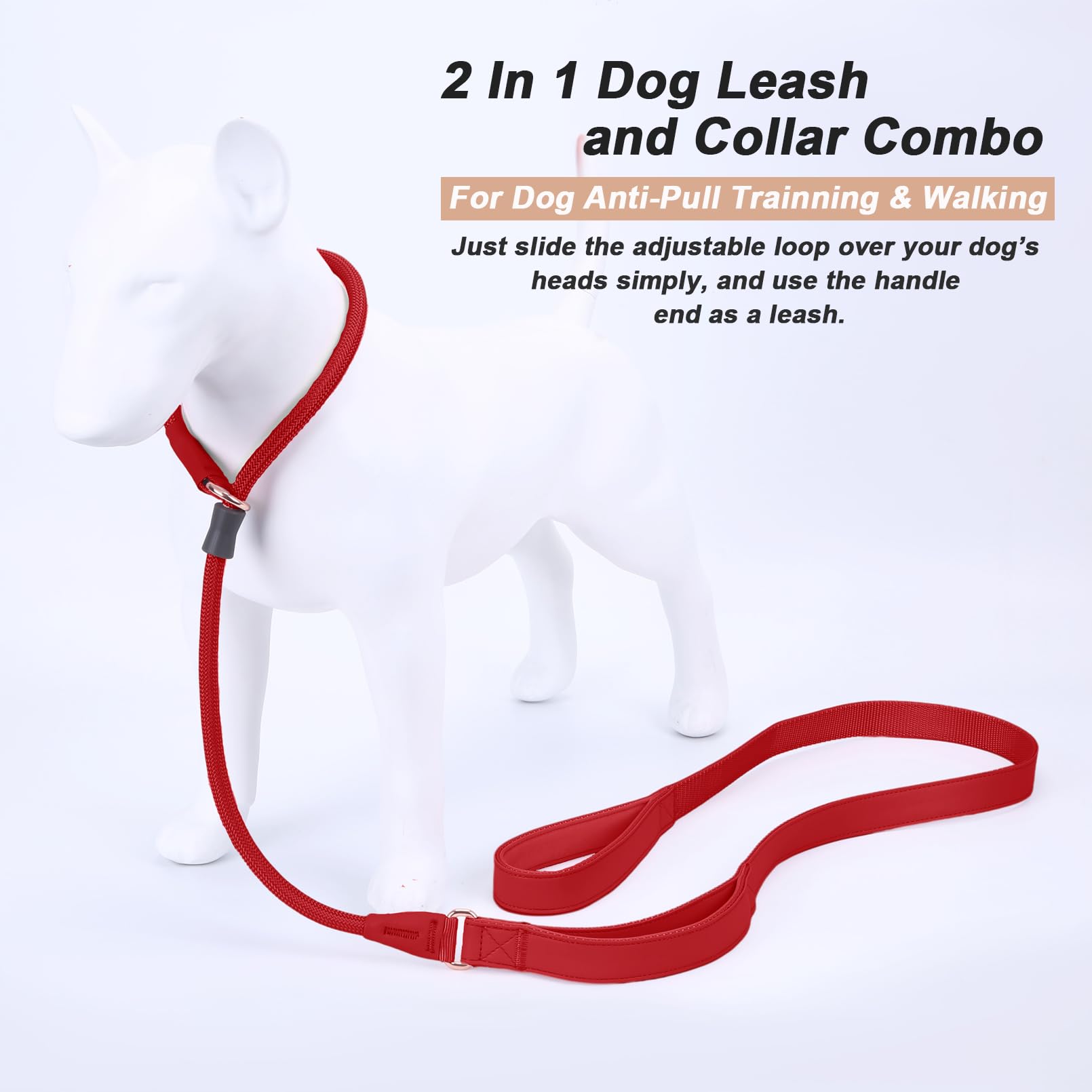 Aaufilux Slip Lead Dog Leash, Double Handle, Soft Leather, Heavy Duty Nylon, No Pull Walking, 5Ft Red