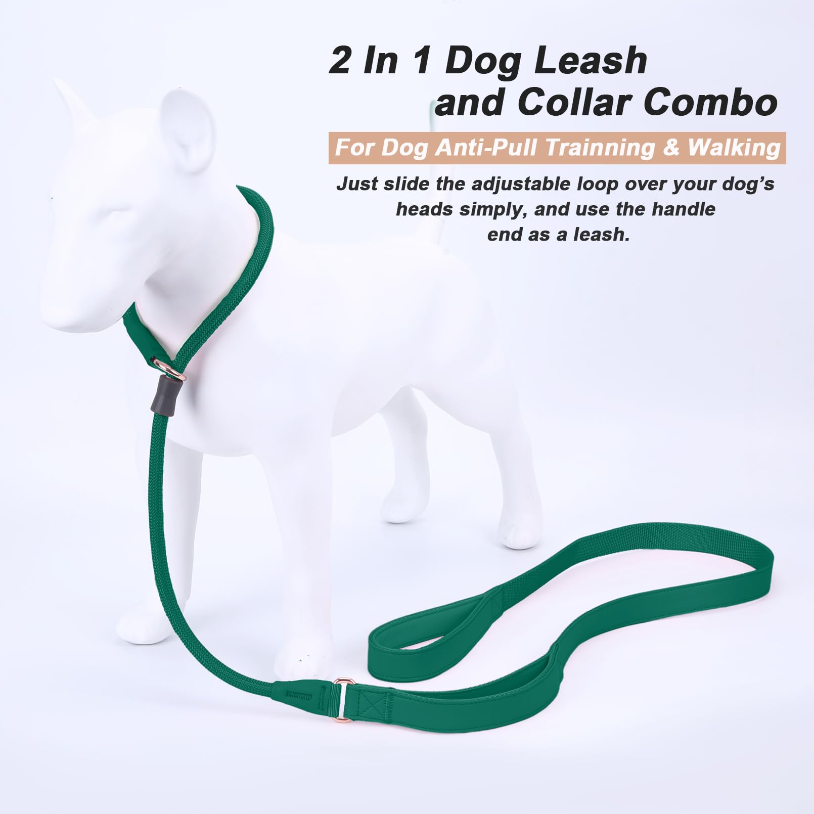 Aaufilux Slip Lead Dog Leash, Double Handle, Soft Leather, Heavy Duty Nylon, No Pull Walking, Medium Large Small Dogs, 6Ft Dark