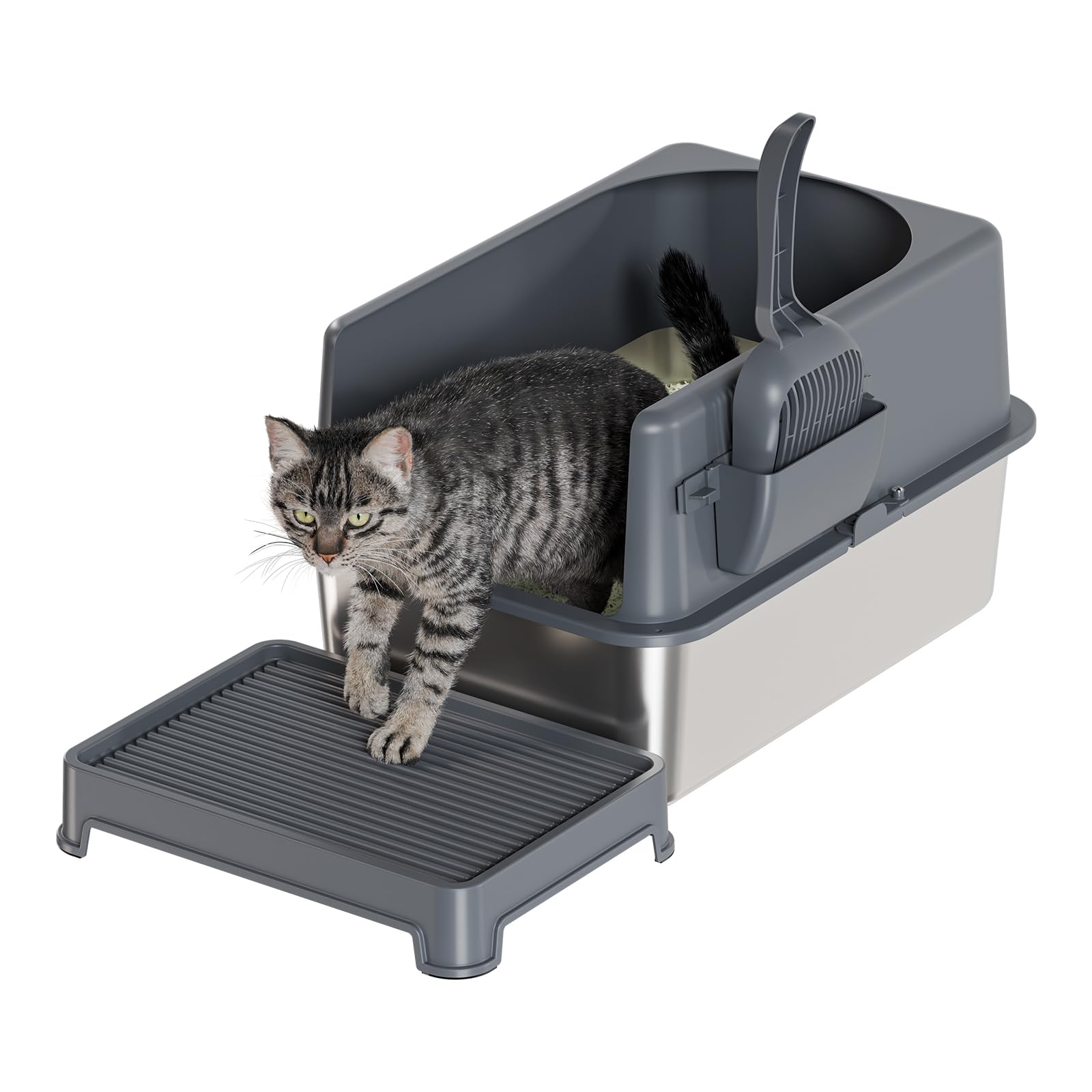 Booche High-Sided Stainless Steel Cat Litter Box,Stainless Steel Litter Box with Lid,Extra Large Litter Box,Easy-to-Clean Metal 