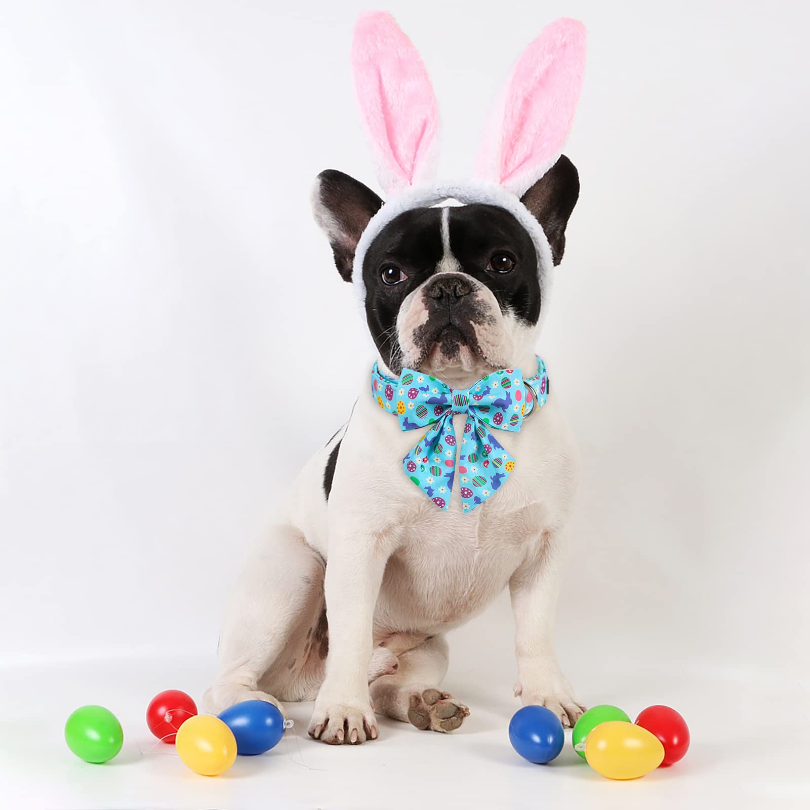 ARING PET Easter Dog Collar-Cute Easter Eggs Dog Collar with Sailor Bowtie, Cotton Adjustable Rabbit Dog Collars with Metal Buck