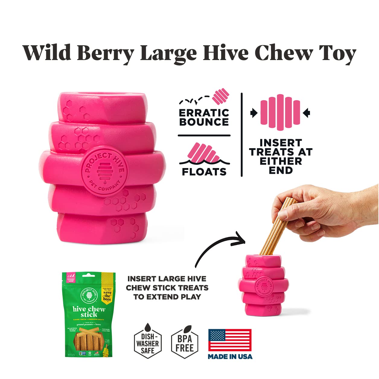 Project Hive ·Pet Company· - Wild Berry Scented - Hive Chew Toy For Large Dogs - Dog Chew Toy For Large Breeds - Floats In Water - Durable And Tough - Made In The Usa