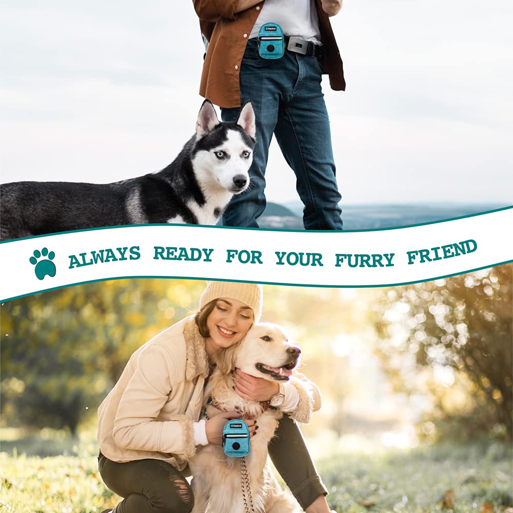 Petami Dog Poop Bag Holder | Dog Waste Bag Dispenser With Clip For Leash And Belt | Portable Fabric Doggy Waste Bag Holder For Walking Hiking Running Travel - With One Roll Of Dog Bag (Teal Blue)