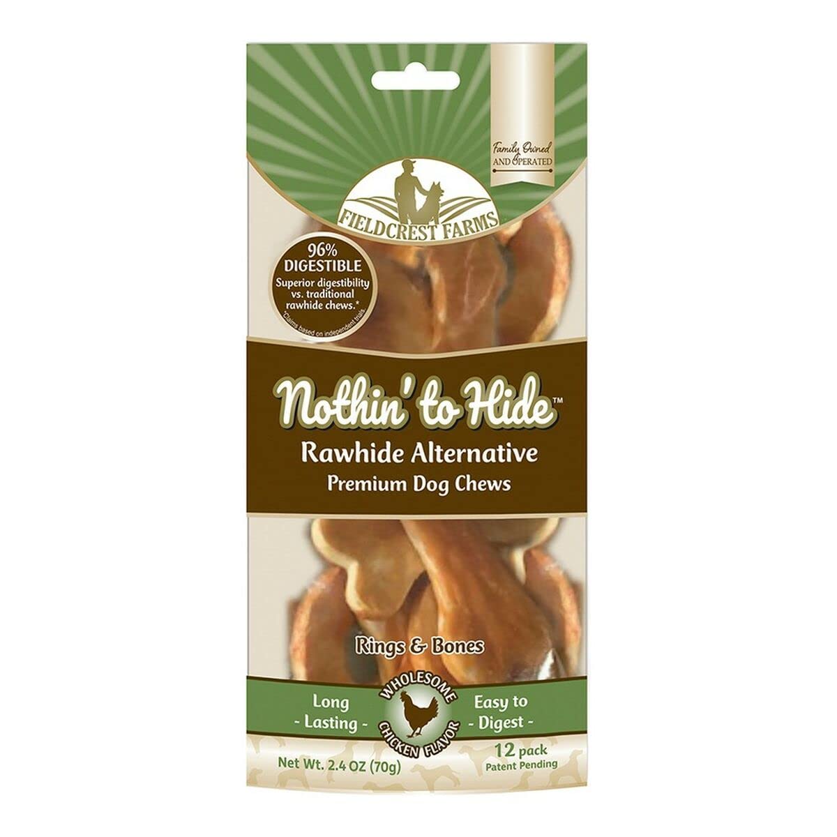 Fieldcrest Farms Nothin to Hide Rings and Bones Chicken Flavored Dog Chew, 2.4 oz., Count of 12
