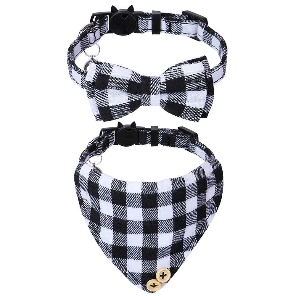 Faleela Cat Collar Bandana Bells Set - 2 Pack Set Cat Collar Breakaway With Cute Bow Tie And Bell, Adjustable From 7.8-10.5 Inch, Soft And Comfortable For Kitty And Some Puppies