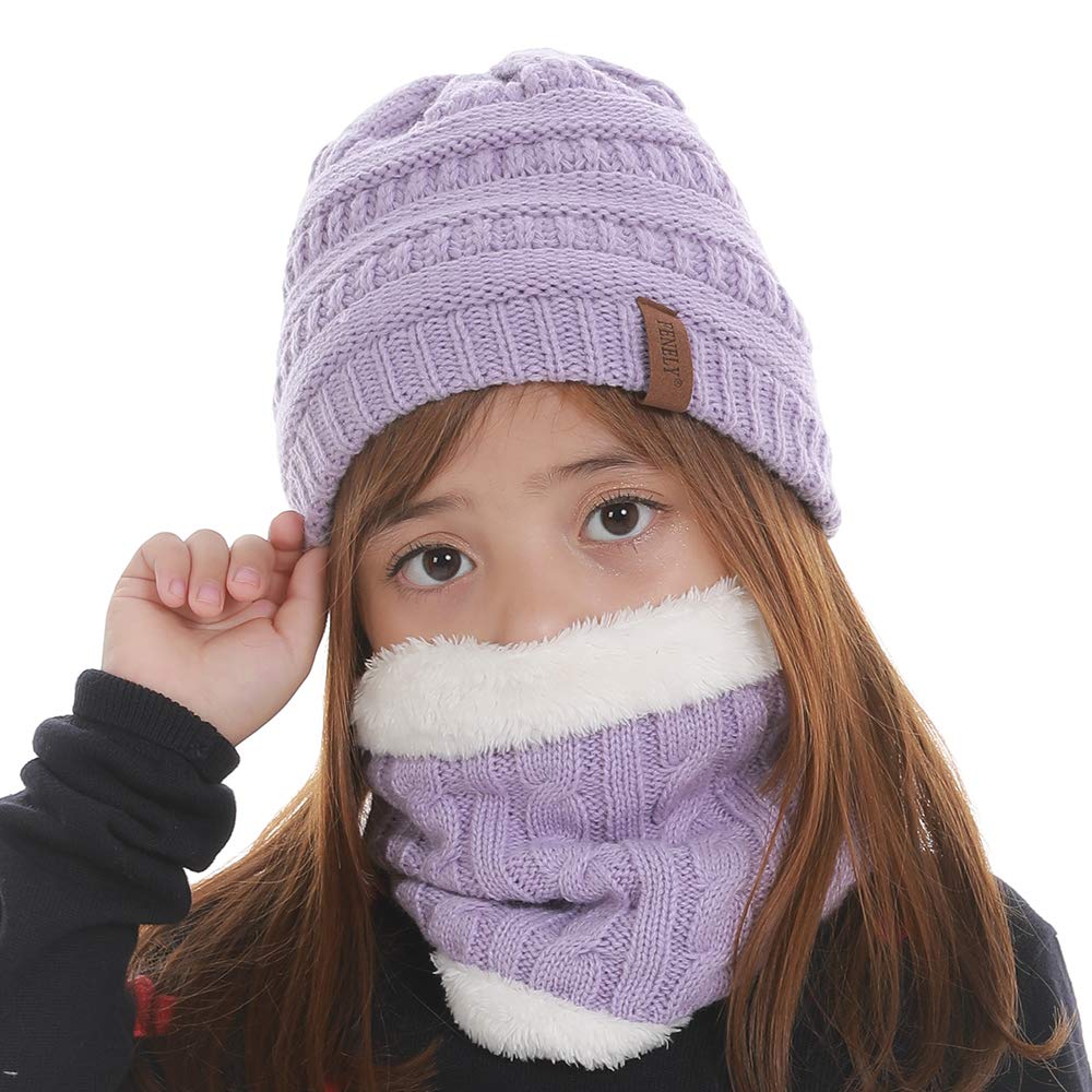 Girls Winter Hat Scarf Gloves Set For Cold Weather, Kids Beanie Hat Infinity Scarf Knitted Gloves Sets Purple Knit Thick Warm Fl