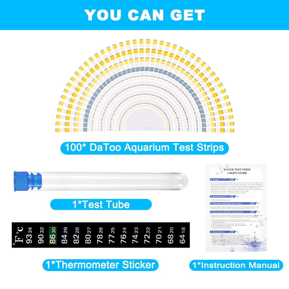 Datoo 8 In 1 Aquarium Test Kit Fish Tank Test Strips Accurate Water Quality Testing Strips For Ammonia Ph Total Alkalinity Carbonate Hardness Free Chlorine Nitrate Nitrite Temperature (100 Strips)