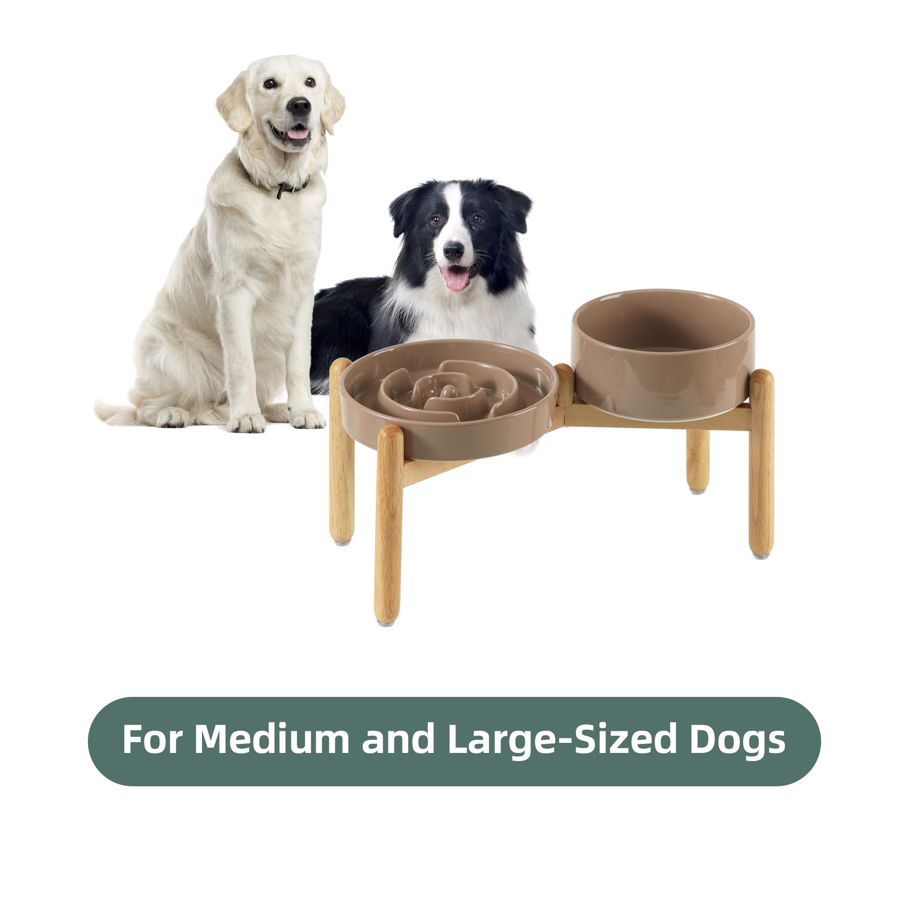 Havniva Ceramic Raised Slow Feeder Dog Bowl Set, Elevated 7.3Inch Bowl And 8.2Inch Puzzle Slow Dish With Wooden Stand For Medium