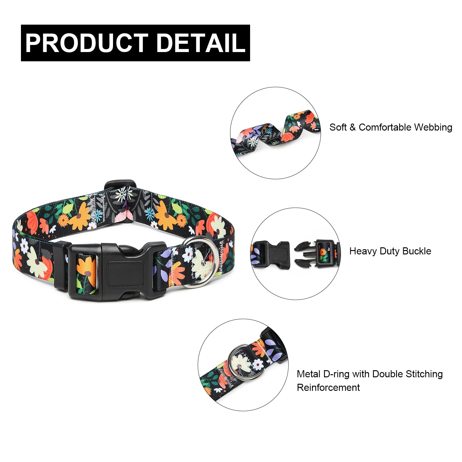 Mercano Adjustable Dog Collar - Special Design Patterns, Soft Nylon Comfortable Durable Pet Collar For Small Medium Large Dogs (L, Floral Orange)