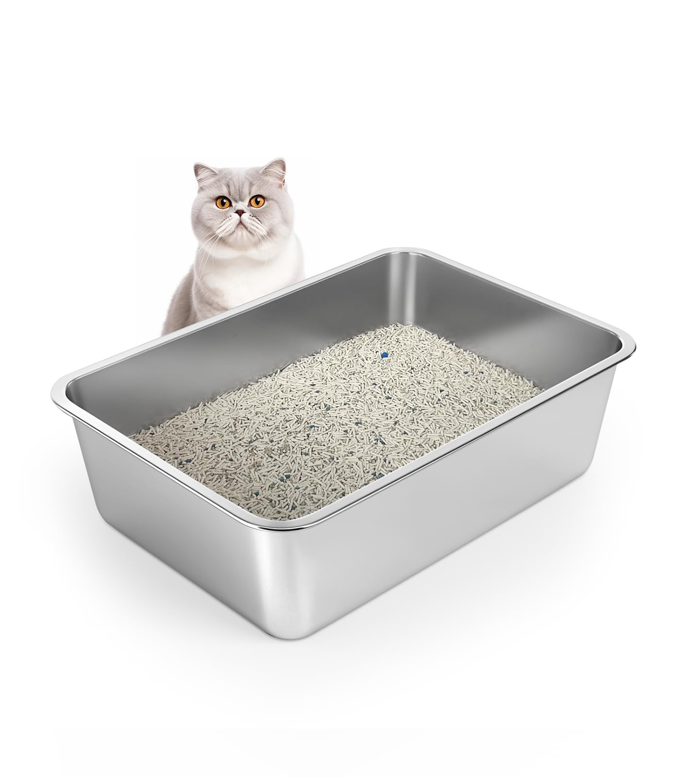 Wenbokmin Stainless Steel Cat Litter Box, 6In Cat Litter Pan For Cats And Rabbits, Metal Litter Box High Sides Nonstick Odor Con
