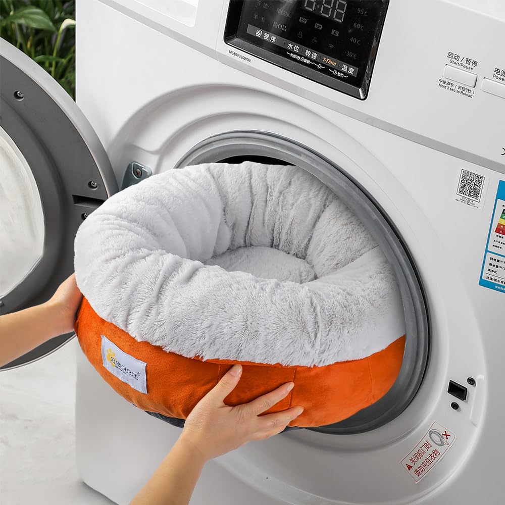 Xinsource Cozy Round Pet Bed, Cats Bed,Dogs Bed. Soft Plush Interior. Extra Support. Non-Slip. Machine Washable. (Gery+Orange, S