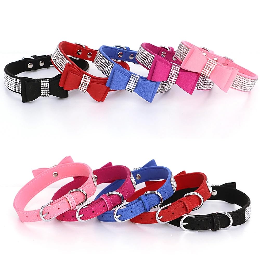 Blue Rhinestone Puppy Collar With Bow, Girl Bling Cat Collars Diamond Female Fancy Sparkly Jewelry Cute Adjustable For Xxs Xs Sm