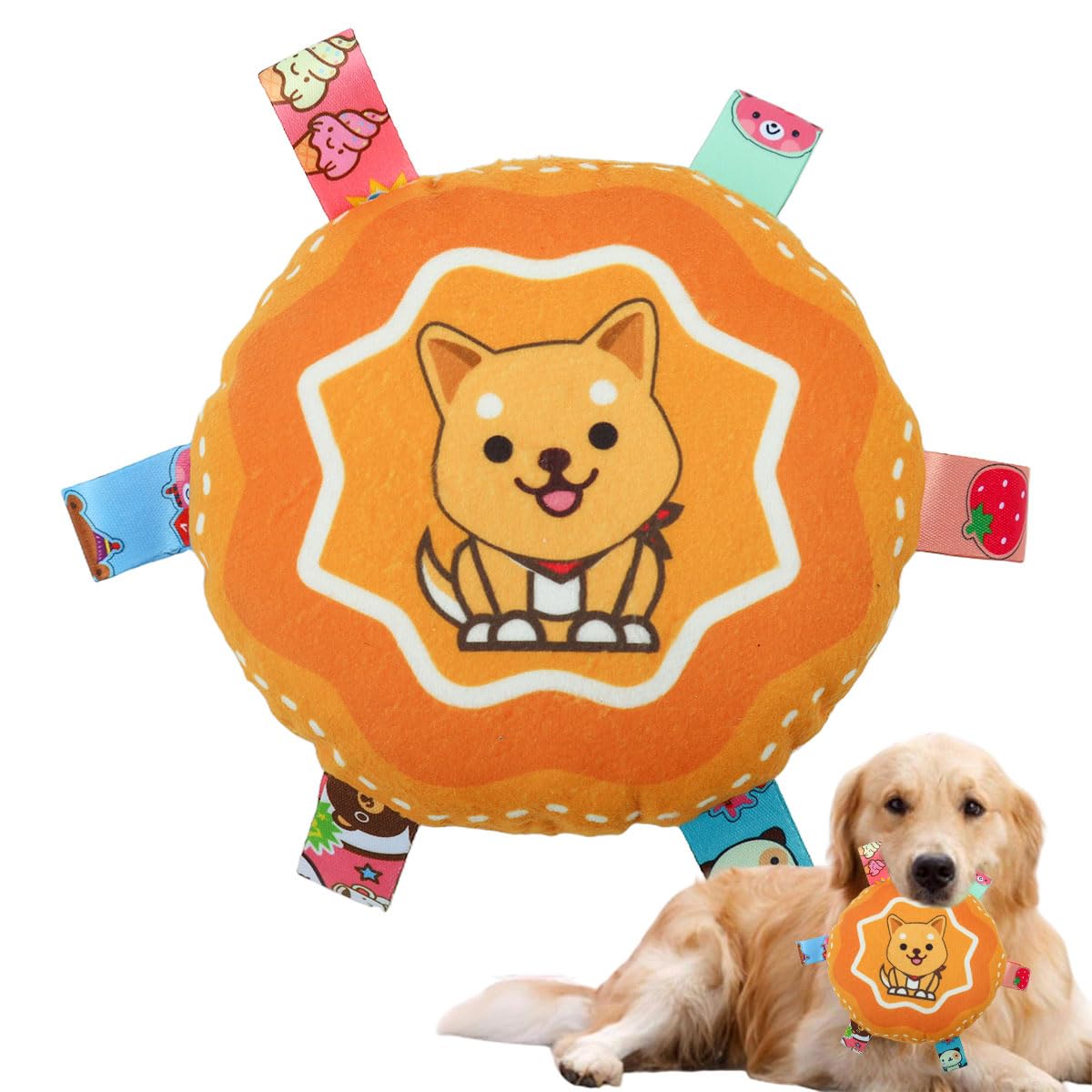 Qpets Dog Toy 6.3 Round Rattle Toy, Soft Plush Cartoon Squeaky Throw and Catch Toy for Cats and Dogs, Indoor Outdoor Pet Toy
