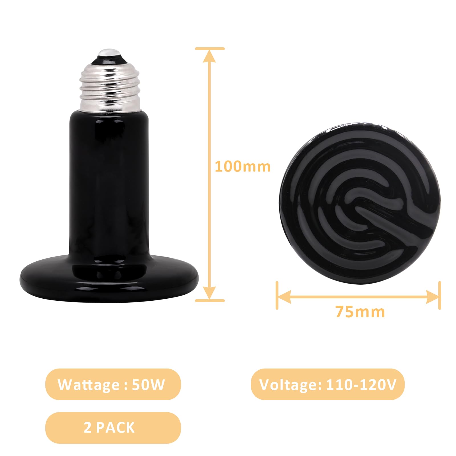 Aiicioo 50W Black Ceramic Heat Emitter 2Pack No Light Heat Bulb For Reptile Emitting Heat Lamp Bulb For Bearded Dragon Lizard To