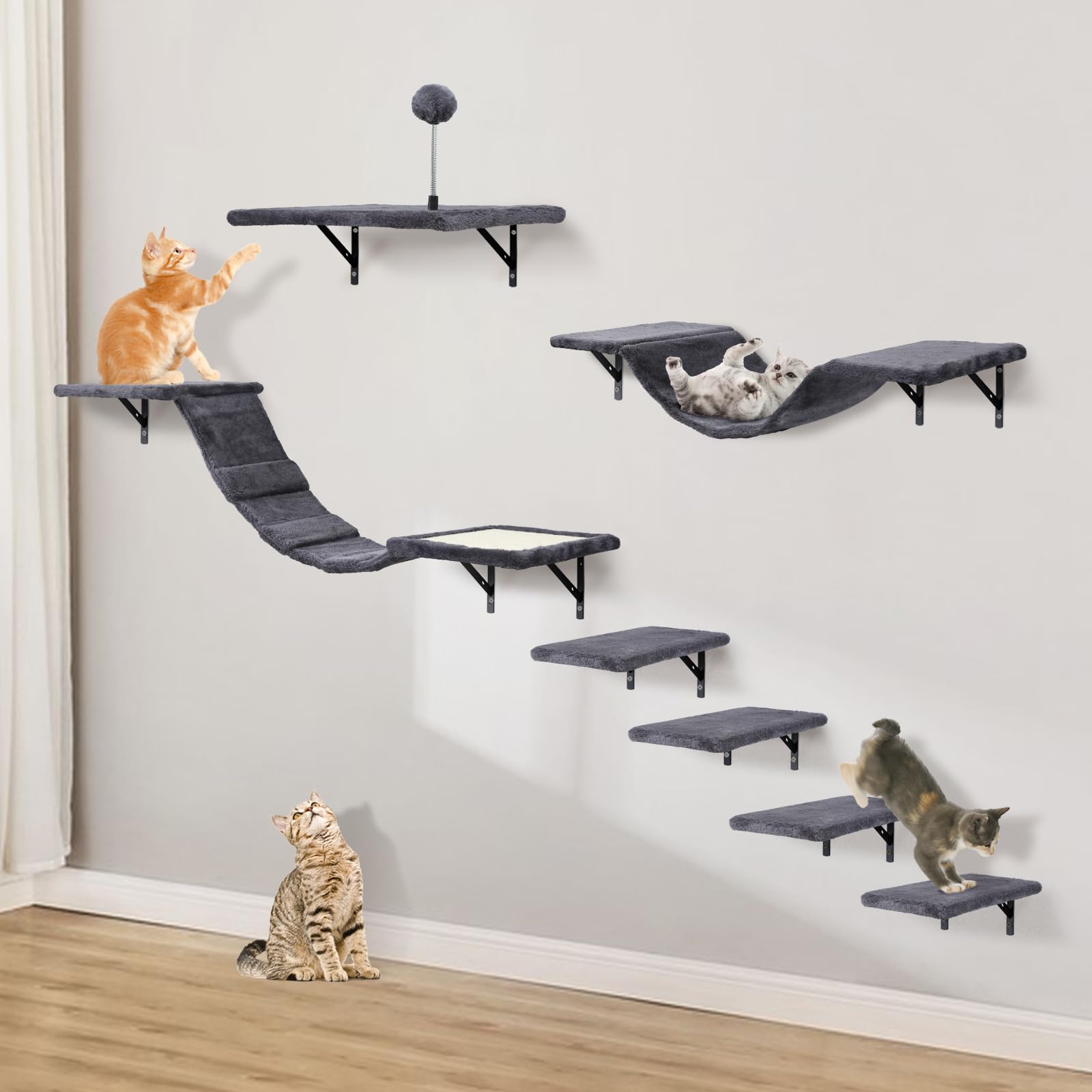Wall-Mounted Cat Climber Set With Climbing Shelves, Perches, Bridge,Hammock,Scratching Board & Ball - 7 Pcs Wood Indoor Cat Furn