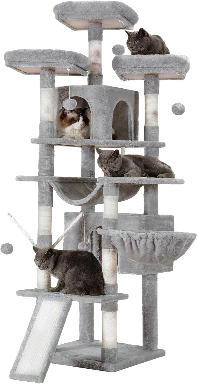 Hey-Brother Cat Tree, 71 Inches Xl Large Cat Tower For Indoor Cats, Multi-Level Cat House With 3 Padded Perches, Big Scratcher, Cozy Basket, 2 Cat Condos And Scratching Posts, Light Gray Mpj034W