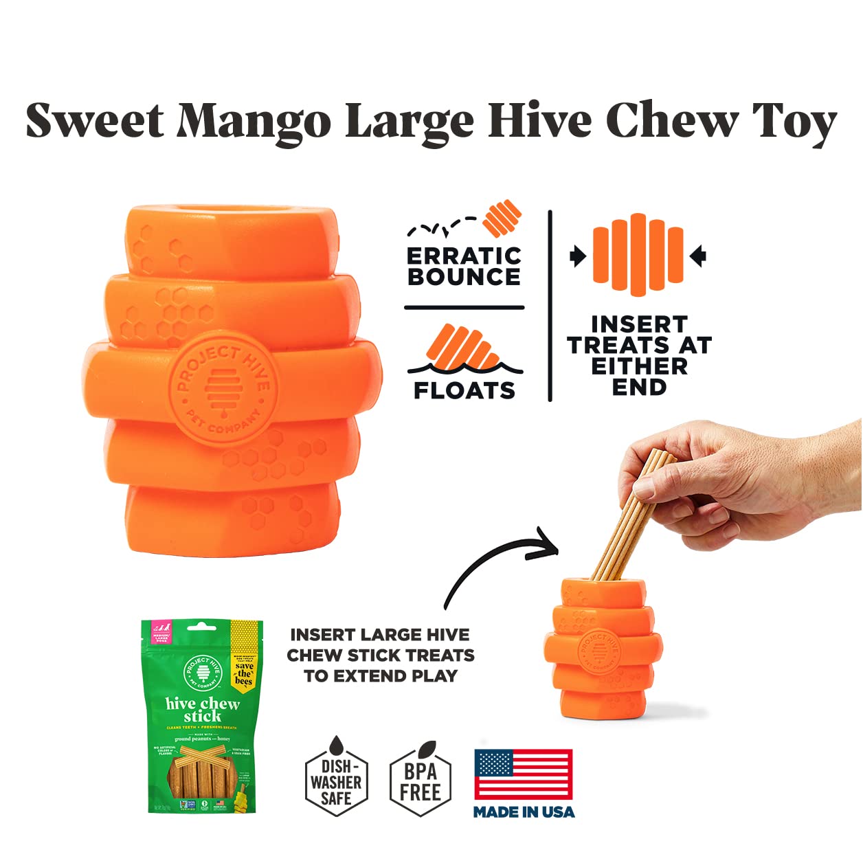 Project Hive ·Pet Company· - Sweet Mango Scented - Hive Chew Toy For Large Dogs - Dog Chew Toy For Large Breeds - Floats In Water - Durable And Tough - Made In The Usa