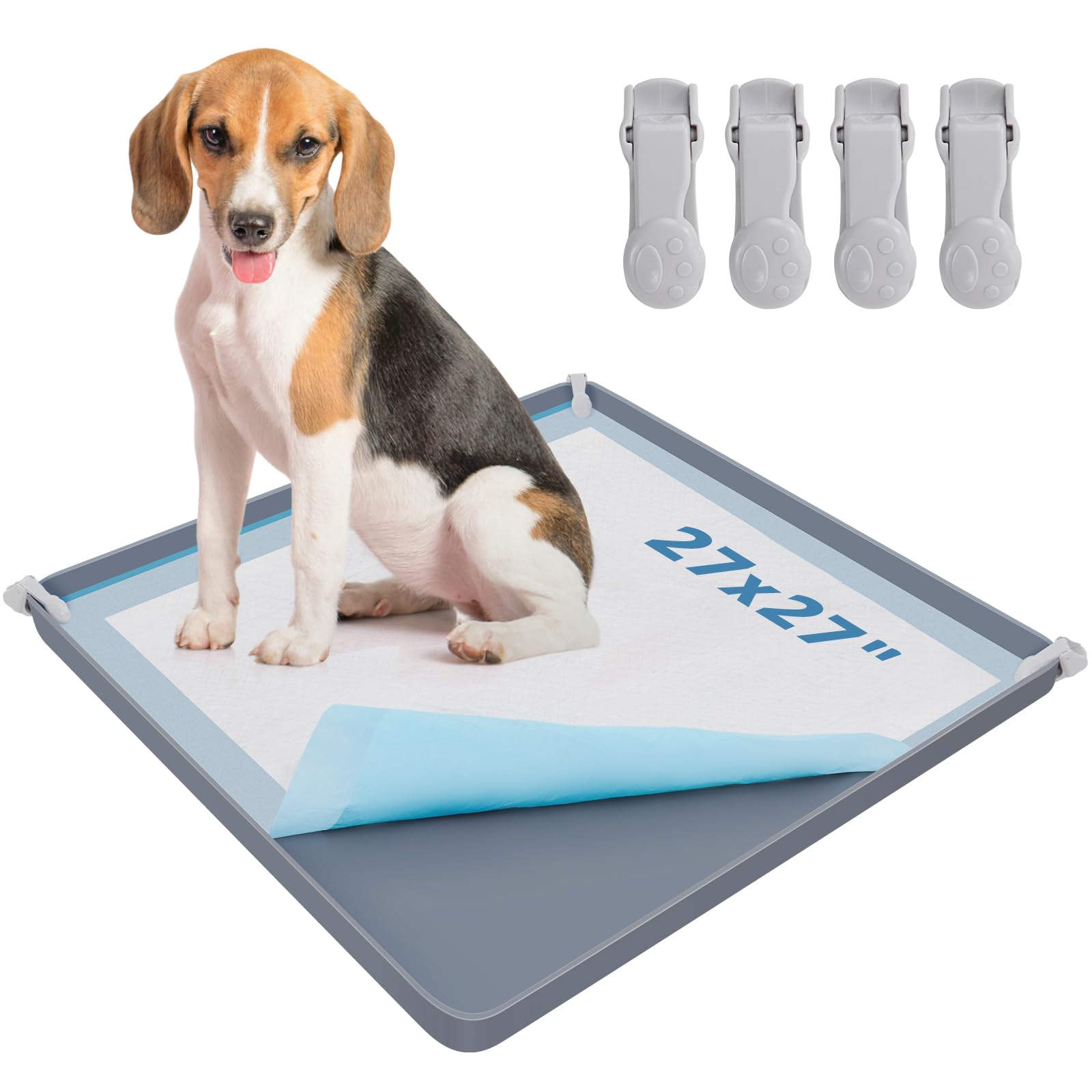 LOOBANI Large Dog Pee Pad Holder - Silicone Puppy Potty Tray With High Edge and 4 Clamps for Training, Fits Up to 27'' x 27'' Pa