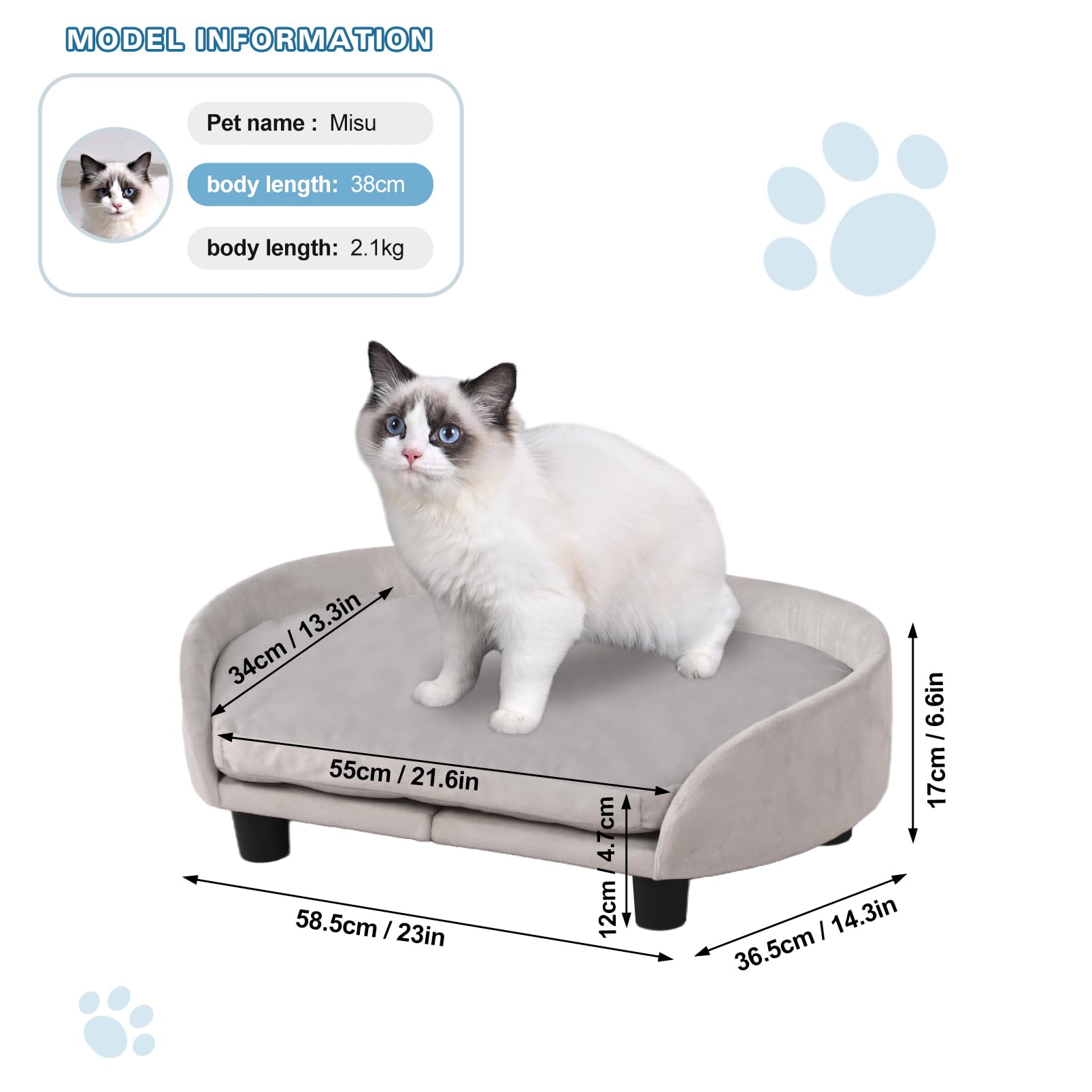 Cat Sofa Bed, Velvet Pet Couch Chair With Removeable & Washable Cushion For Small Dogs Cats (Gray)