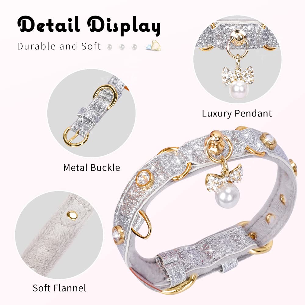 Petshome Cat Collar, Dog Collar, [Bling Rhinestones] Pu Leather Adjustable Pet Collar With Luxury Pendant For Cat And Small Dog Extra Small Silvery
