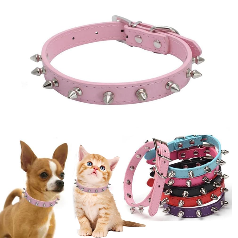 Pink Spiked Dog Collar, Studded Cat Collar, X Small Dog Collar Girl, Spiky Stud Rivet Pu Leather Mushroom Kitten Cat Collars Adj