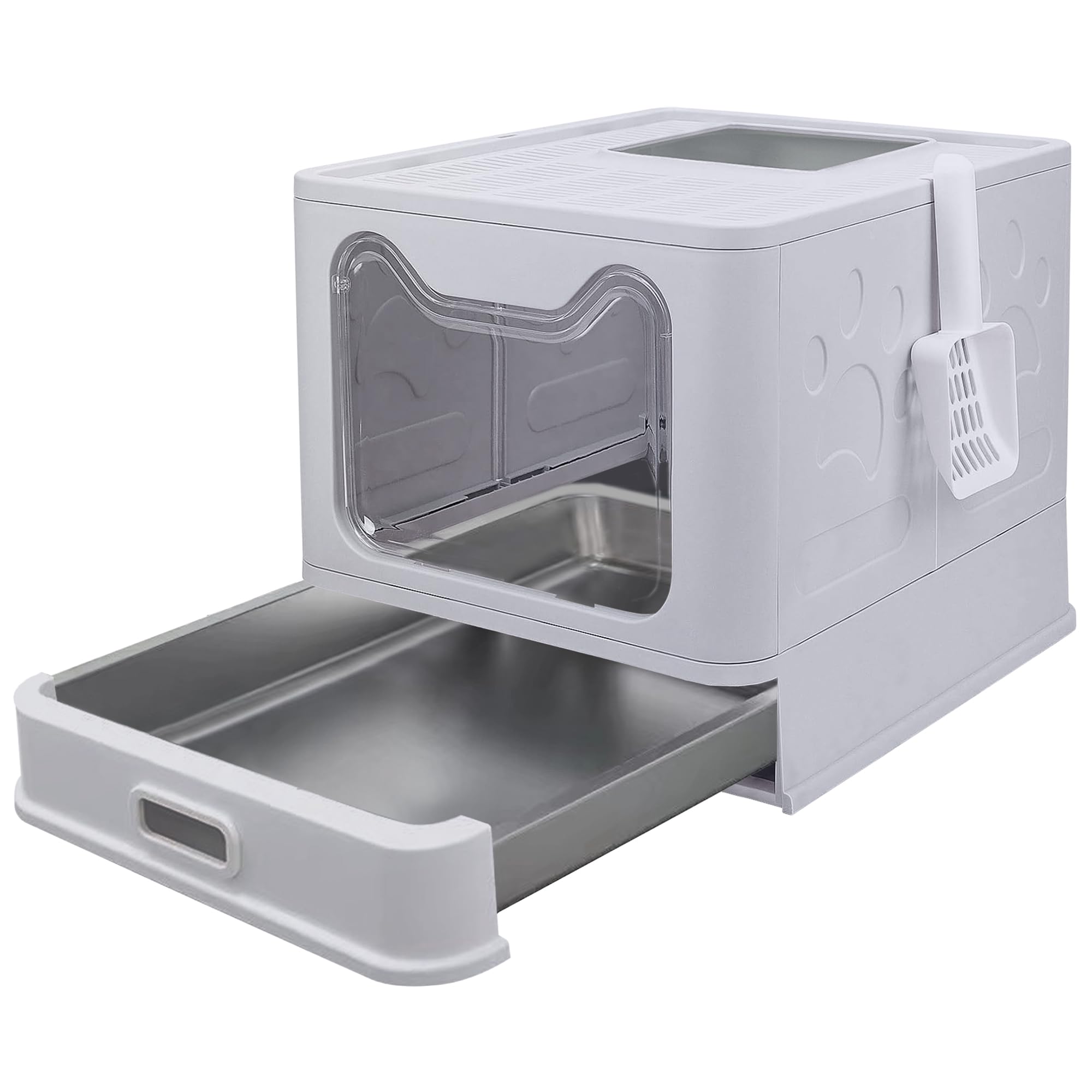 Tokenkuko Stainless Steel Foldable Litter Box With Lid,Enclosed Cat Litter Box,Front Entry Top Exit Kitty Litter Box,Large Litte