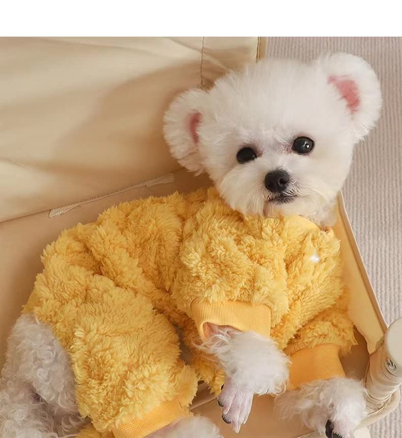 Loyanyy Plush Dog Pajamas For Cold Weather 4 Legged Clothes For Dog Cat Stretchy Puppy Kitten Onesie With Buttons Warm Soft Pet Jumpsuit Winter Coat Yellow Small