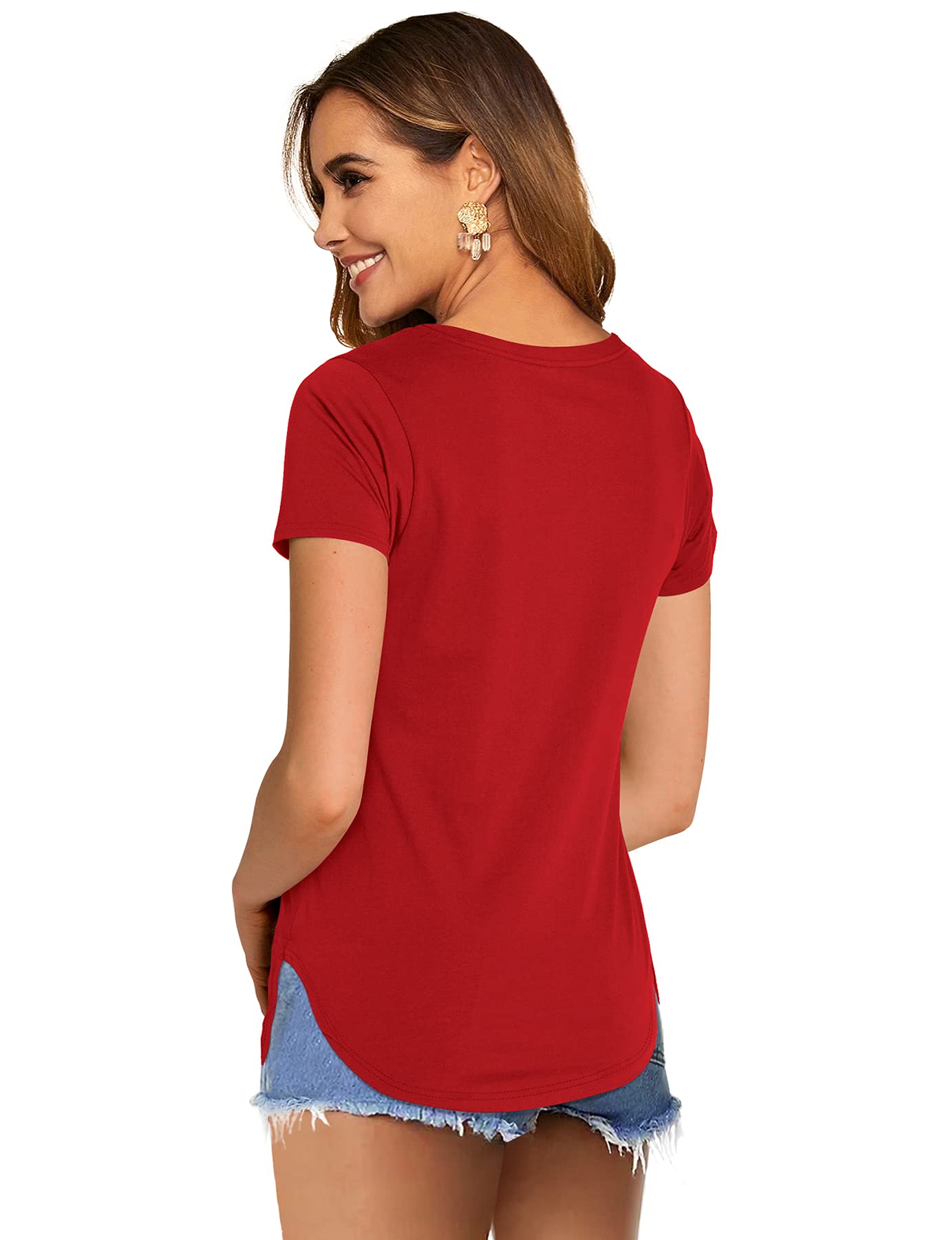 Dittyandvibe Women Short Sleeve V Neck Curved Hem Tunic Tops T Shirts (Red,S)