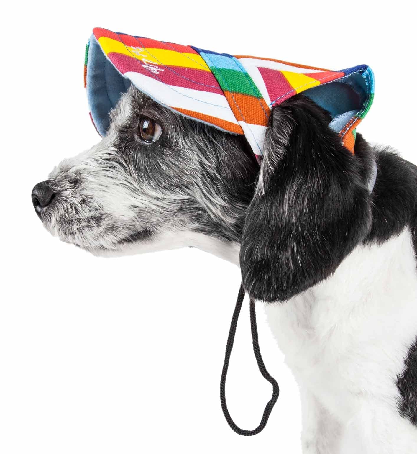 Pet Life ® 'Colorfur' Rainbow Patterned Dog Hat With Uv Coverage Protection - Provides More Shade Than A Dog Banadana - Features Ear Holes And Adjustable Jaw-Strings For Quick Slip-On Access