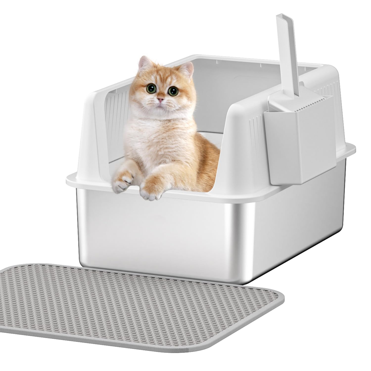 Stainless Steel Cat Litter Box With Lid,Xl,19.7   L X 13.8   W X 11.8   H Deep,Metal Litter Box With High Side,For Small And Lar